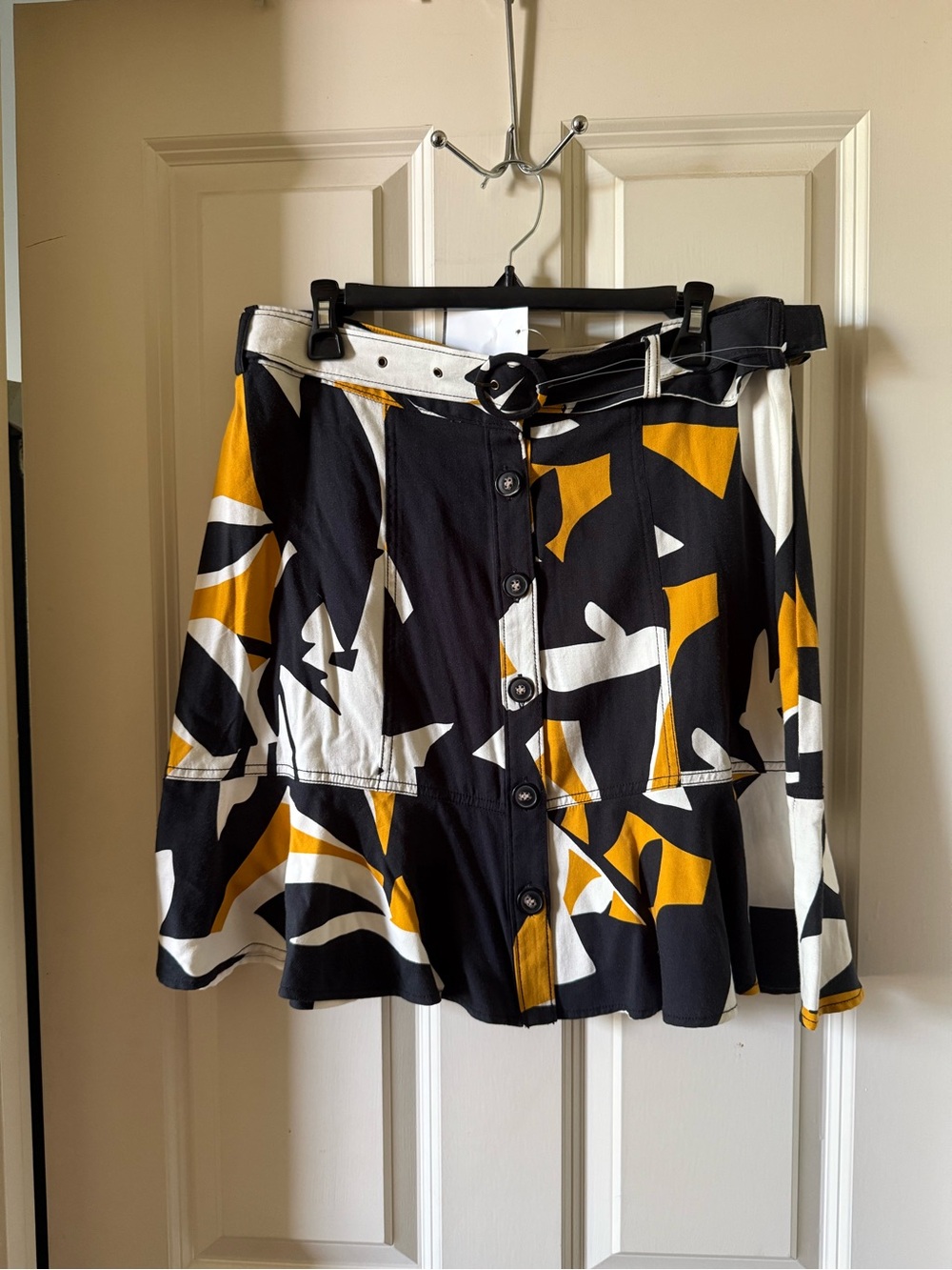 Nine West Black, White & Mustard Abstract Button-Front Mini Skirt